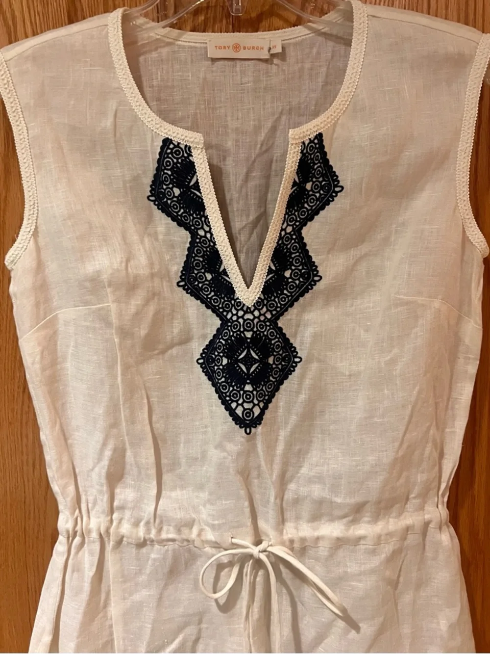 Tory Burch Margarita‎ Cream Linen Tunic Cover-Up Navy Blue Embroidery Size XS